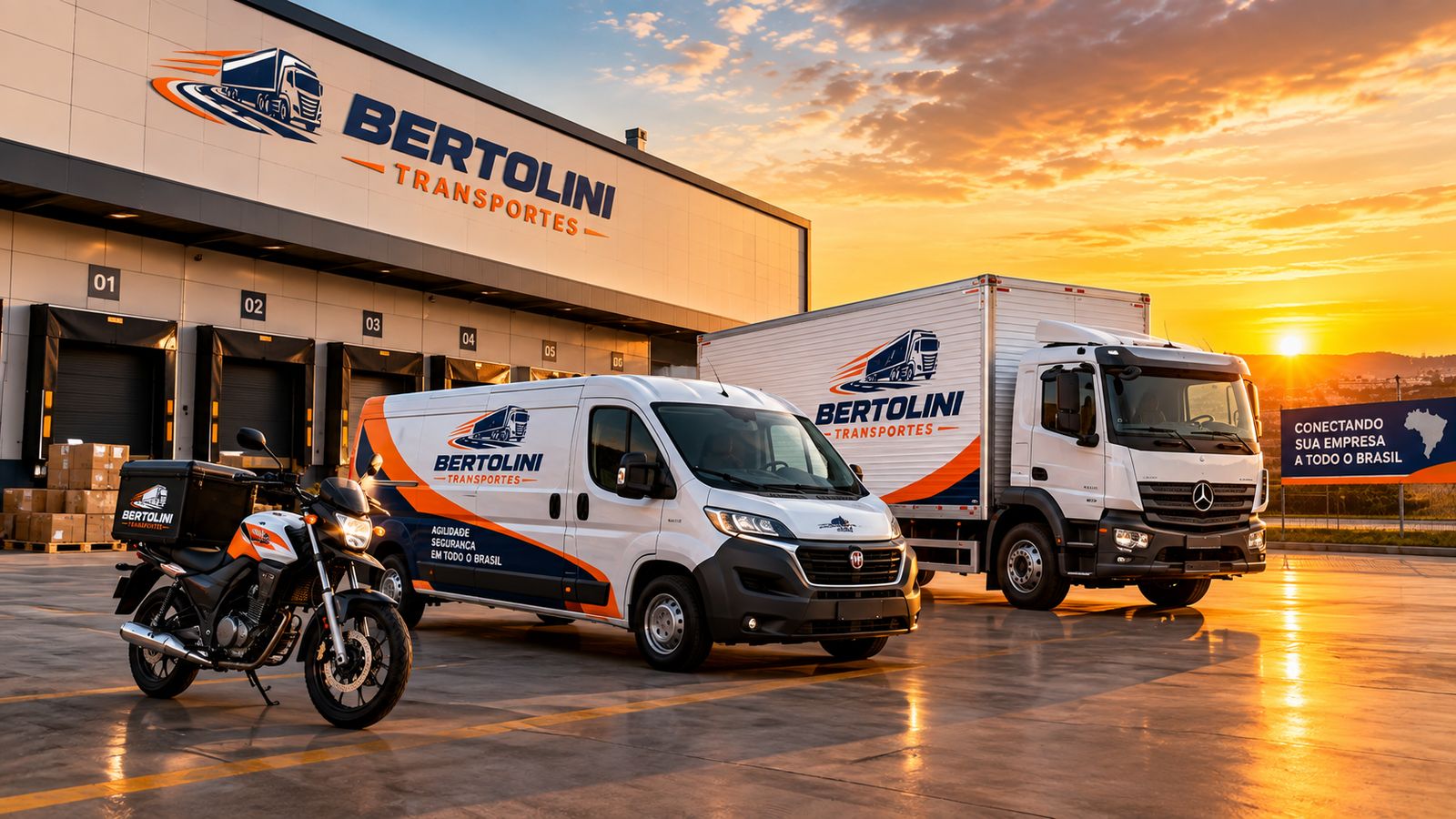Moto, van e caminhão da Bertolini Transportes em frente ao centro de distribuição