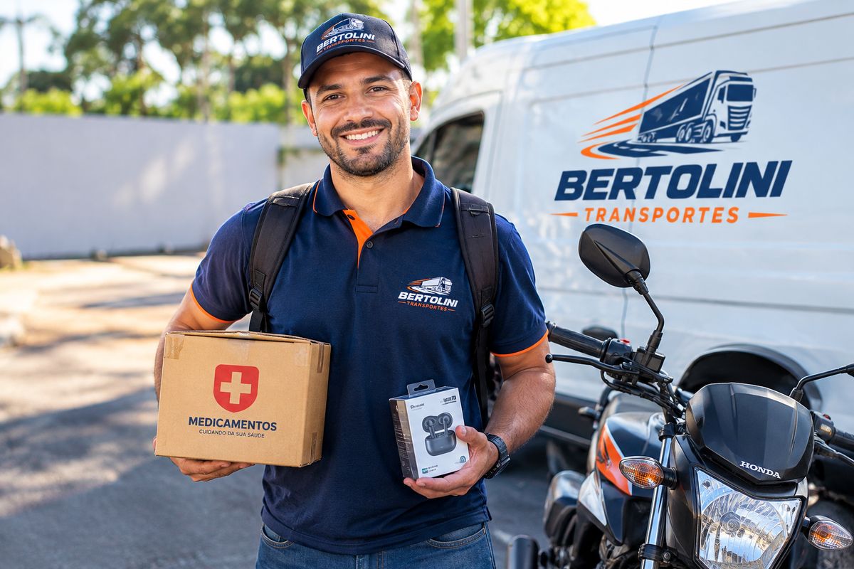 Motorista agregado da Bertolini segurando caixa de medicamentos e fone de ouvido ao lado da moto e da van